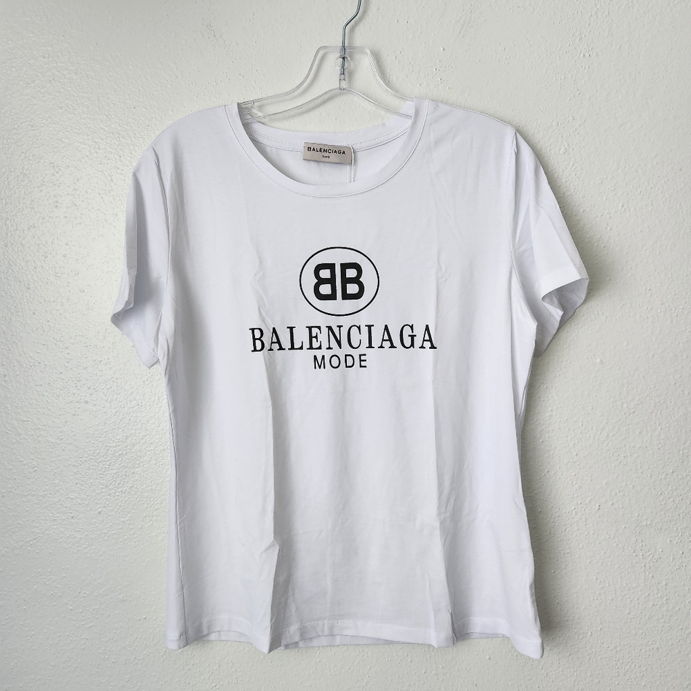 New Balenciaga Mode Logo Printed White Cotton Crewneck Womens T-Shirt Size 4